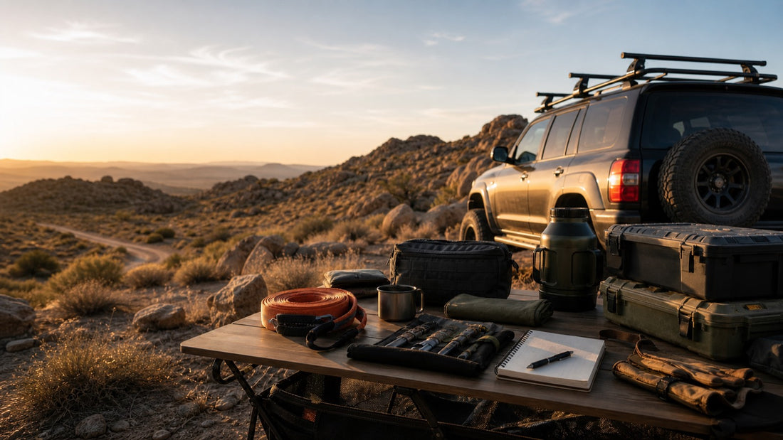 Overland vehicle with roof rack and camping gear at sunset