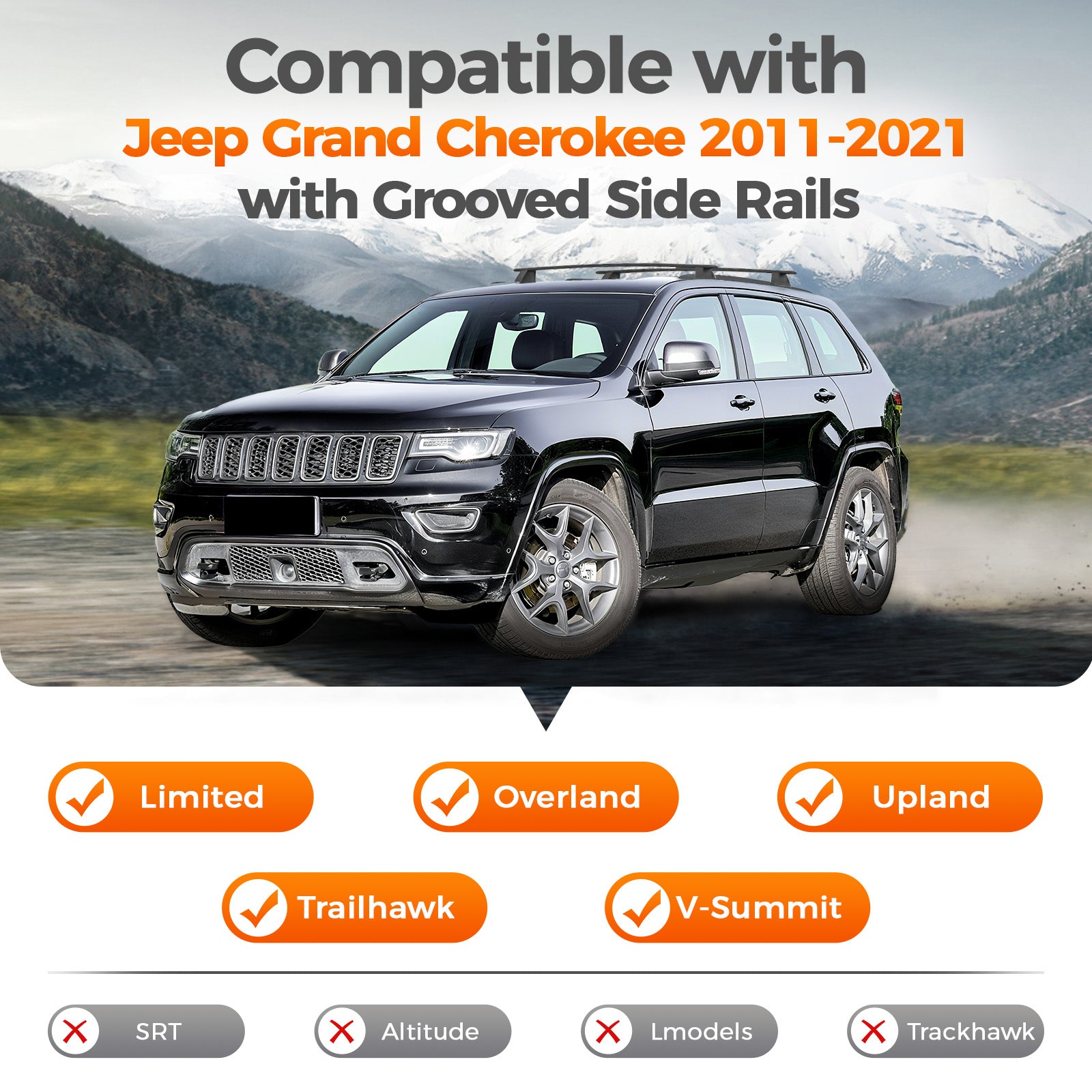 Roof rack crossbar for Jeep Grand Cherokee 2011-2021, with Grooved Side Rails