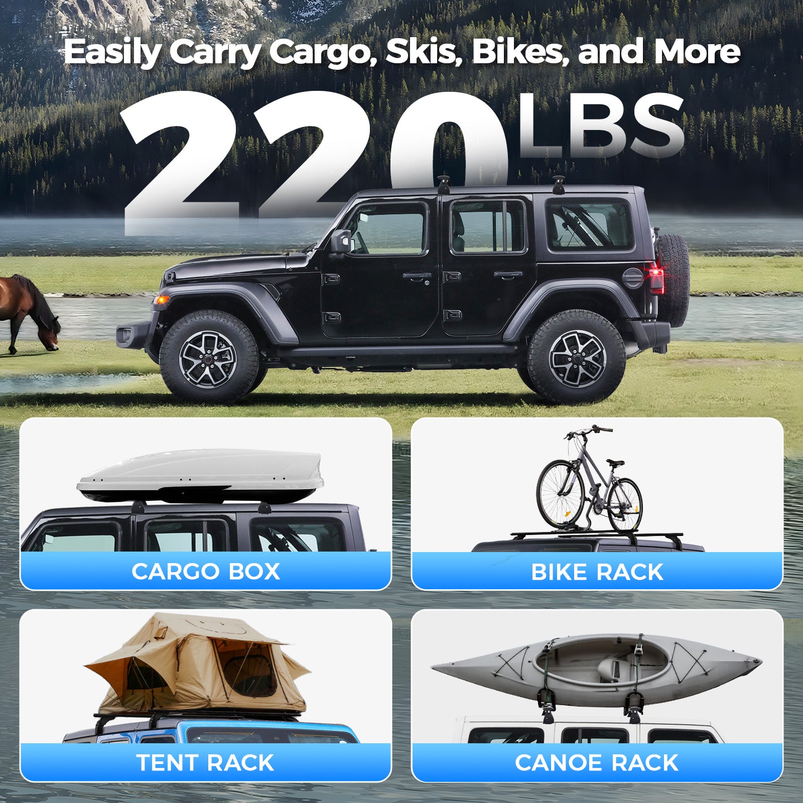 Roof Rack Cross Bars for Jeep Wrangler JK 2007-2018 / JeepWrangler JL 2018+Jeep Gladiator JT 2019+ with hard top