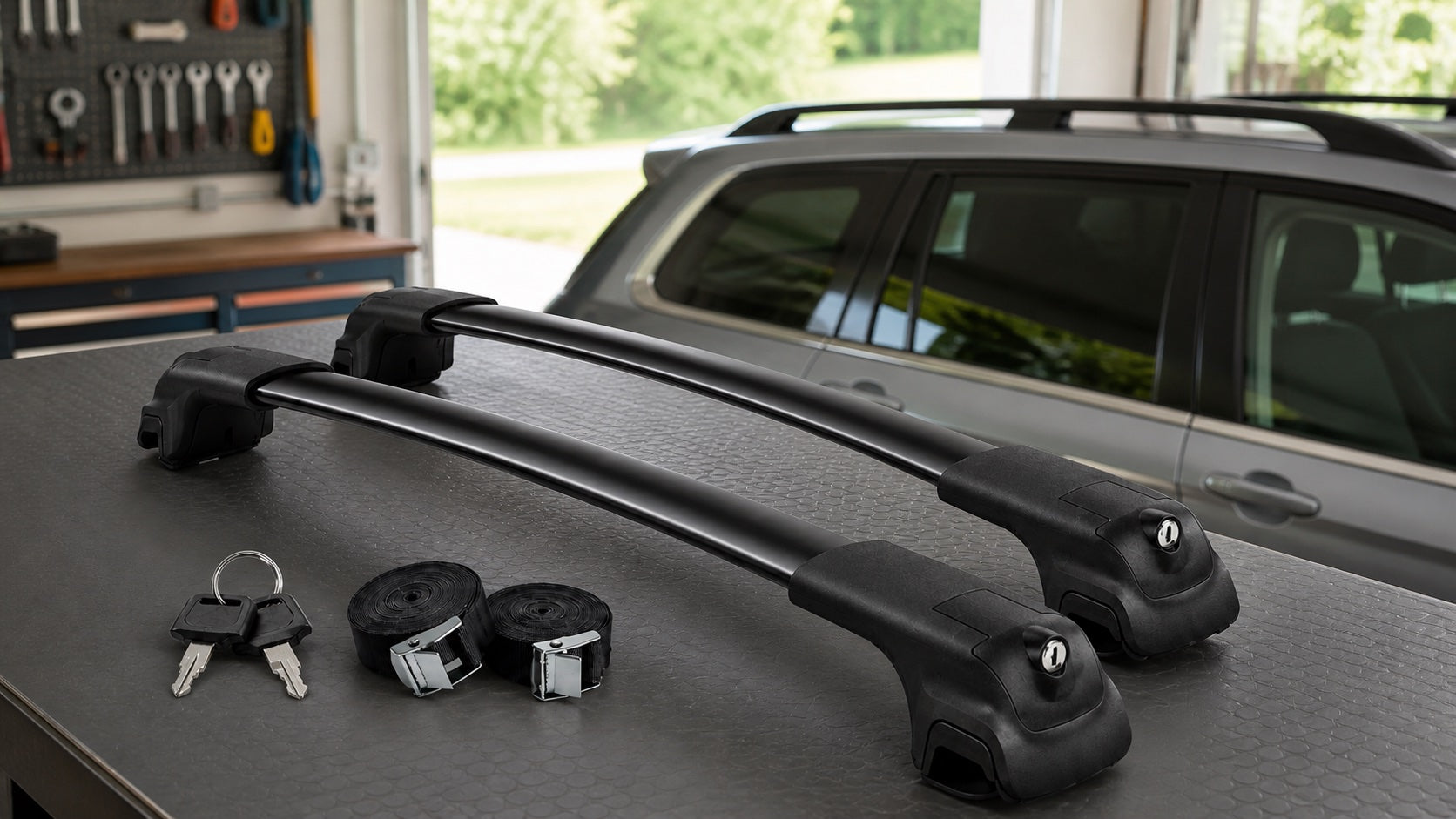 Ventrickcar crossbars, keys, and straps laid out for installation preparation