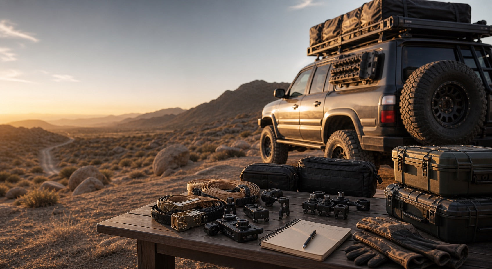 Overland vehicle and trip equipment prepared at a desert trailhead