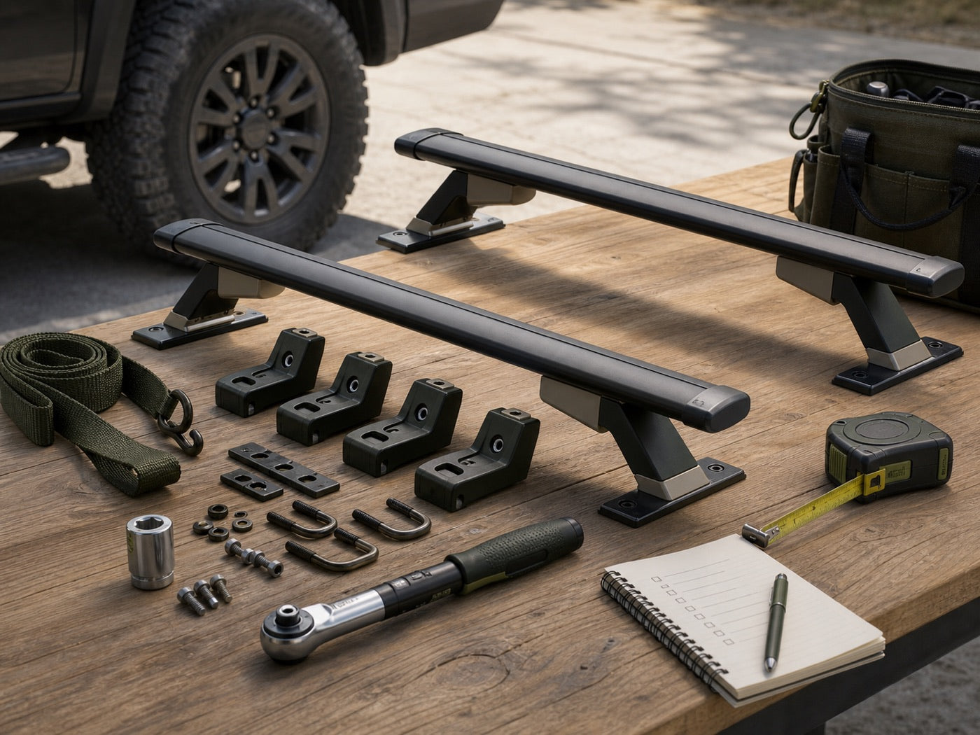 Roof crossbars and mounting hardware organized on a workbench