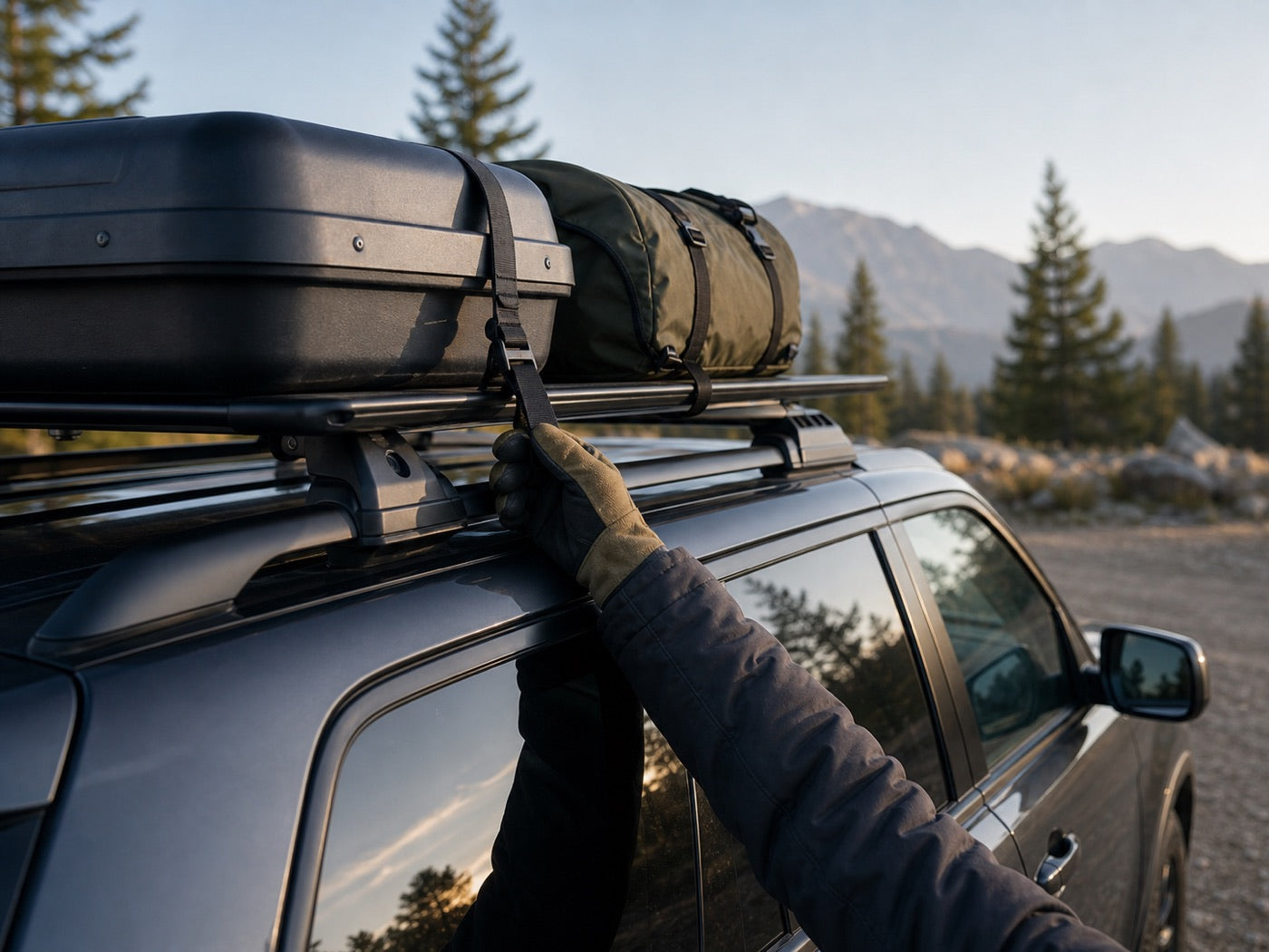Driver checking cargo straps on vehicle-specific roof crossbars before a mountain trip